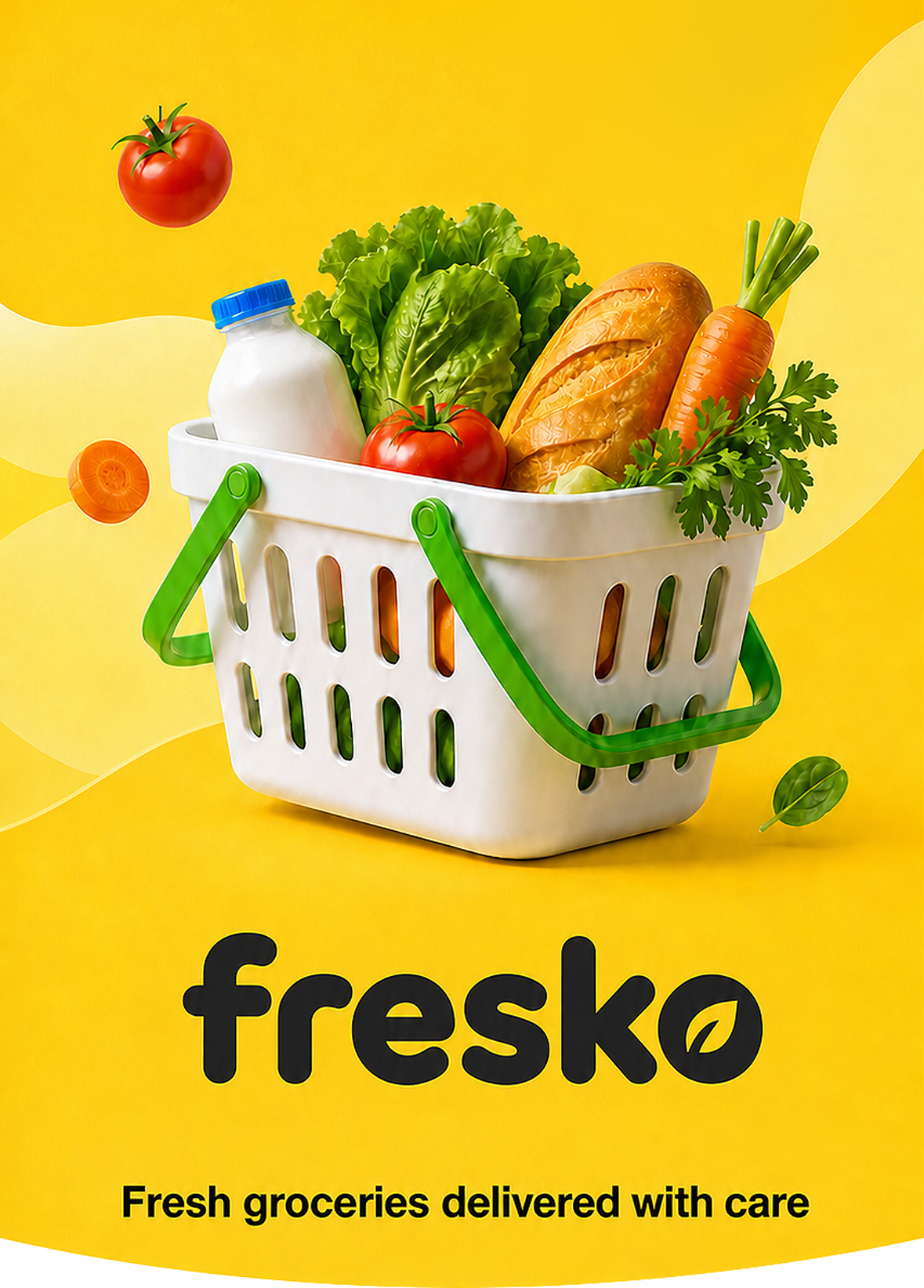 A Fresko grocery basket filled with fresh produce, bread and milk